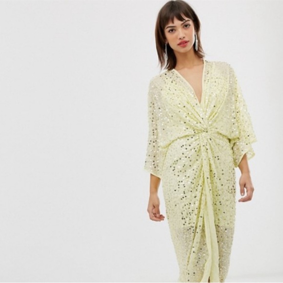💛💛ASOS Yellow Scatter Sequin Knot Front Kimono Sheer MIDI Dress💛💛 - Picture 3 of 5